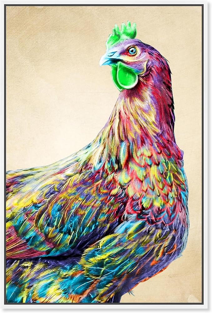 Country Farmhouse Canvas Print Painting Animal Wall Art 'Fun Colorful Glam Rooster' White Framed Canvas Rustic Home Décor 20x30 in Pink, Green by Oliver Gal