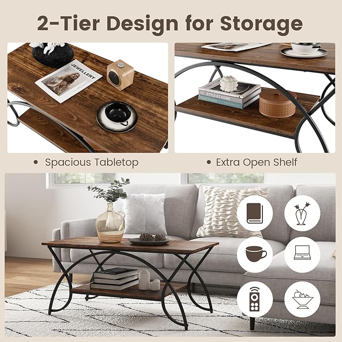 COSTWAY 2-Tier Coffee Table, Industrial Wood Accent Table with Storage Shelf and Black Finished Metal Frame, Chic Rectangular Side End Table for Living Room Office Lounge (Coffee)