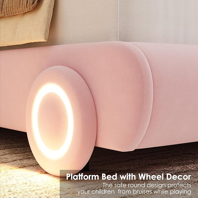 Keyluv Queen Led Car Bed Frame with Wheels Decor & Adjustable Curved Headboard Modern Upholstered Platform Bed with Detachable Pillows Solid Wooden Slats Support No Box Spring Needed, Velvet Pink