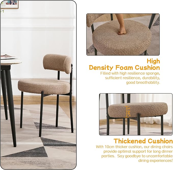 EDWELL Dining Chairs Set of 6, Round Upholstered Kitchen Dining Room Chairs, Mid- Century Modern Sherpa Dining Chair with Black Legs, Curved Backrest Boucle Chair for Kitchen, Dining Room