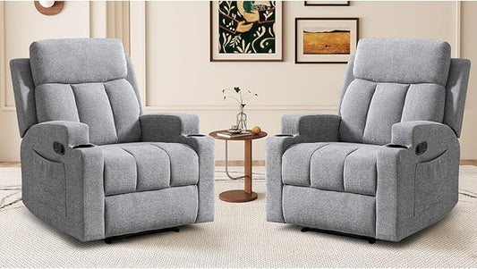 CANMOV Manual Massage Heat Recliner Chair Set of 2,Soft Fabric Recliner Chair with Overstuffed Arm and Back, Manual Reclining Single Sofa with 2 Cup Holders, Side Pocket for Living Room,Light Grey