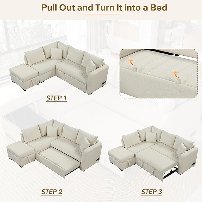 Merax Sofa Bed Sleeper Couch L Shaped Sofa with Storage Ottoman, L-Shape Sectional Couch with 2 USB Ports, 2 Power Sockets for Living Room and Small Apartment (Beige)
