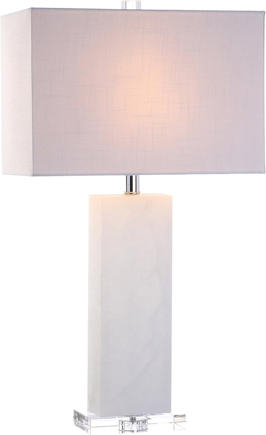 JONATHAN Y 27" White Alabaster and Crystal LED Table Lamp, Modern Glam Nightstand Lamp for Living Room Bedroom, White Linen Rectangle Shade, LED Bulb Included JYL2009A