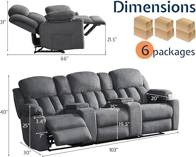Jocisland Manual Recliner Couch, 3 Seater Reclining with Dual Console& Charging Socket, Reclining Sofa- Comfy Recliner with Cup Holders for Living Room(Grey)