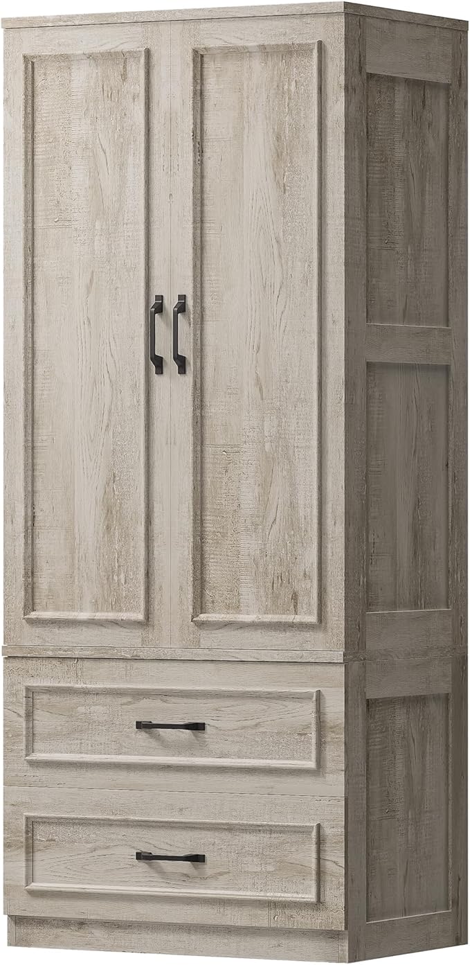 LIKIMIO Armoire Wardrobe Closet with 2 Doors and 2 Drawers 70" H x 28" W Wooden Bedroom Freestanding Wardrobe Combination for Hanging Clothes, Rustic Maple