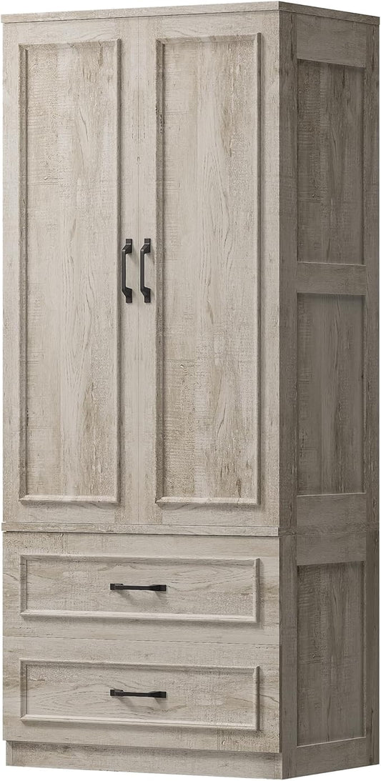 LIKIMIO Armoire Wardrobe Closet with 2 Doors and 2 Drawers 70" H x 28" W Wooden Bedroom Freestanding Wardrobe Combination for Hanging Clothes, Rustic Maple