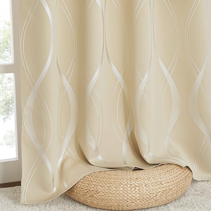 NICETOWN Room Darkening Curtains for Bedroom, Noise Reducing Thermal Insulated Wave Line Foil Print Design Blackout Curtains for Patio Sliding Glass Door (2 Panels, 42 x 84 Inch, Biscotti Beige)