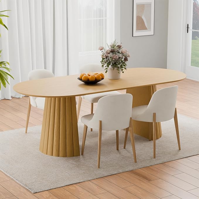 Casaphoria 79" Oval Dining Table, Modern Wood Kitchen Table with Cone Shaped Stripe Convex Base for Living Room & Dining Room, Easy Assembly Farmhouse Furniture for 6-8, Oak