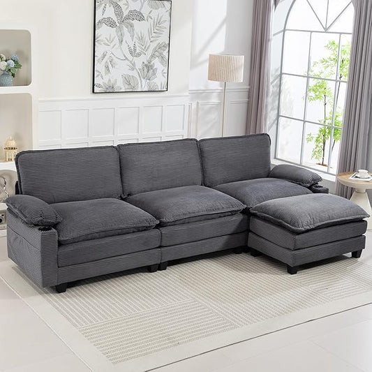 113" Convertible L Shaped Modular Sectional Sofa with Ottoman, Deep Seat Cloud Corner Couch with Layered Cushion, Corduroy Upholstered Sofa Couches w/Cupholders and Side Pockets | Wood Frame, Solid Legs