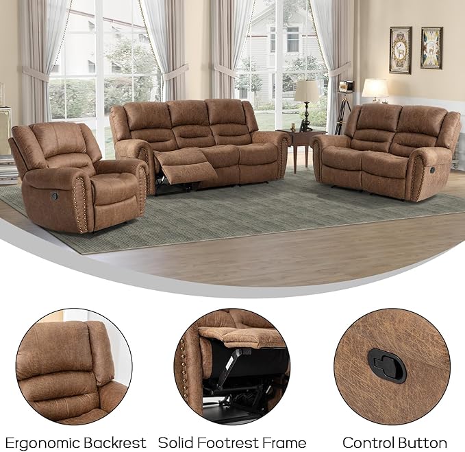 EBELLO Recliner Sofa Furniture Set for Living Room, Faux Leather Recliner Chair, Manual Loveseat, 3 Seat Recliniing Sofa Couch Set for Meeting Room, Brown
