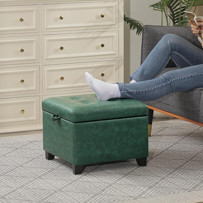 Adeco Faux Leather Storage Ottoman, 14-inch Square Cube Footrest Stool for Living Room & Bedroom, Upholstered Vanity Seat with Solid Wood Legs and Hinged Lid, Dark Green