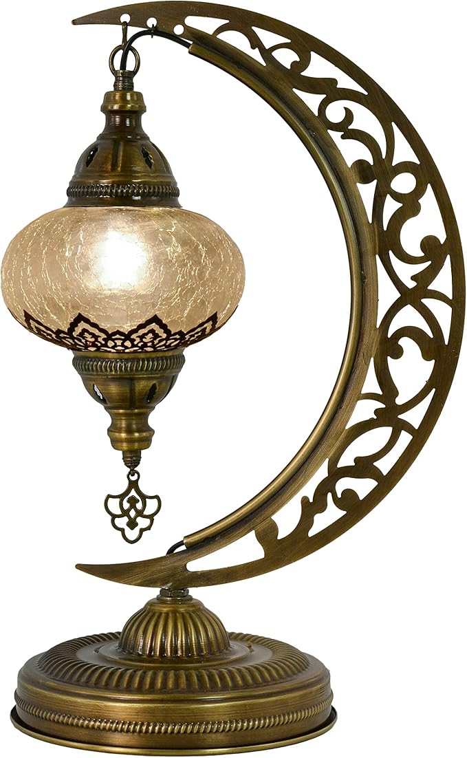 Mozaist Turkish Clear Glass Moon Shape Table Lamp, Vintage Moroccan Crescent Bohemian Desk Light, Rustic Living Room Antique Glam Home Decor Lighting, Luna Design Bedside Nightstand (Crack Clear)
