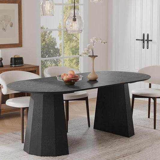 Casaphoria 79" Oval Dining Table, Modern Wood Kitchen Table with Cone Shaped Strip Polygonal Base for Living Room & Dining Room, Easy Assembly Farmhouse Furniture for 6-8, Black