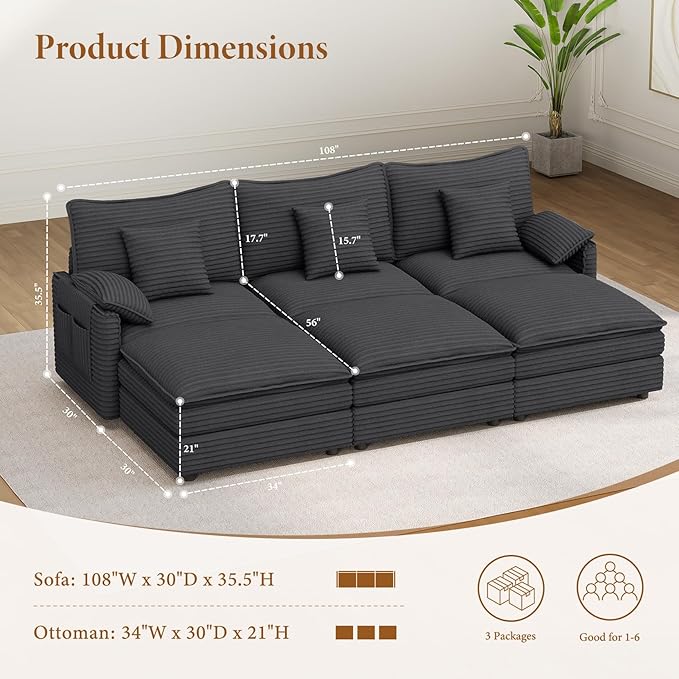Vesgantti 108" Sectional Sleeper Sofa, 6-Seater Oversized Modular Cloud Couch with Movable Ottoman, Corduroy Large Sofa Bed Convertible Deep Seat Couches for Living Room, Bedroom and Apartment, Gray | Sink-in Comfort, Height Adjustable, Easy Rearrangem...