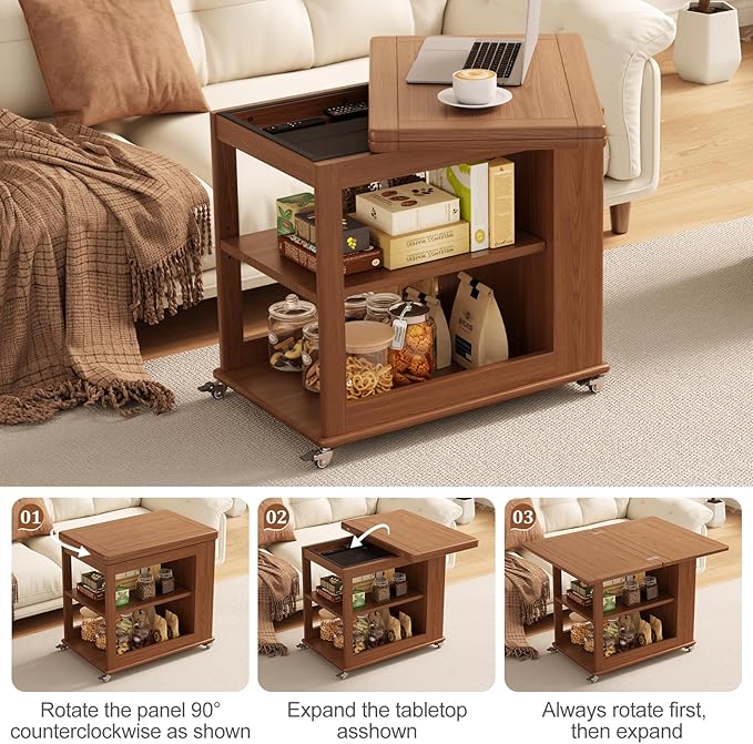 Folding Dining Table with Wheels, Solid Wood Dining Table Stylish 2-Tier Design for 2-4,Walnut Hidden Storage for Living Room,Small Spaces, Dining Room, Kitchen