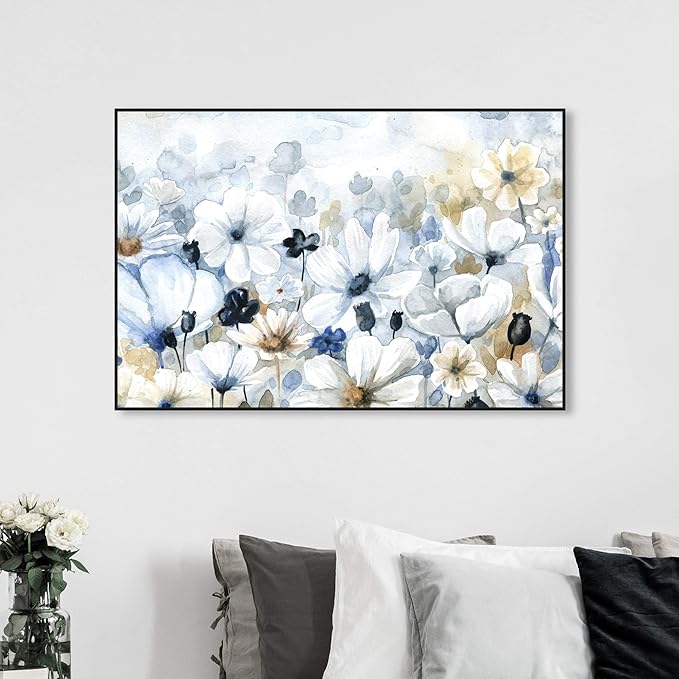 The Oliver Gal Artist Co. Floral and Botanical Wall Art Framed Canvas Prints 'Fields Flowers Home Décor, 54" x 36", Blue, White