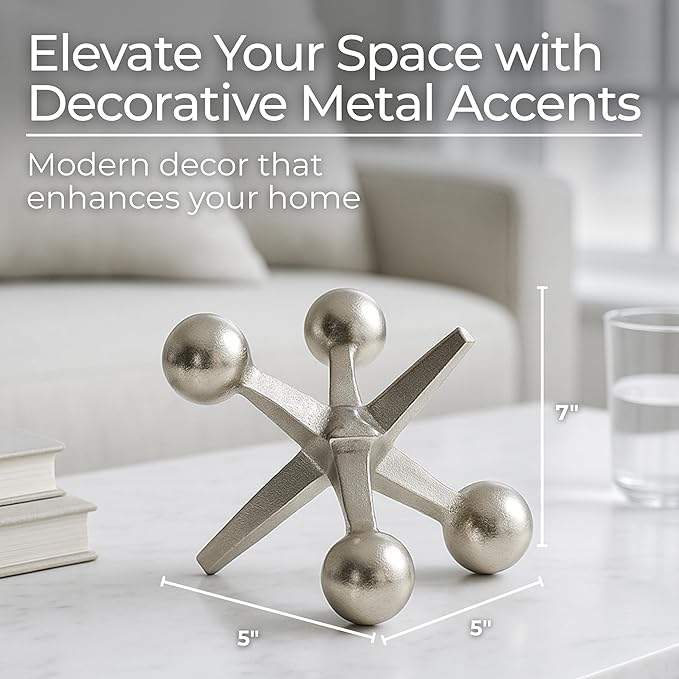 Silver Metal Jacks Decorative Object – Abstract Sculpture Modern Home Decor Ornament – Shelf Styling & Coffee Table Decor for Bathroom, Office & Living Room – 7" x 5"
