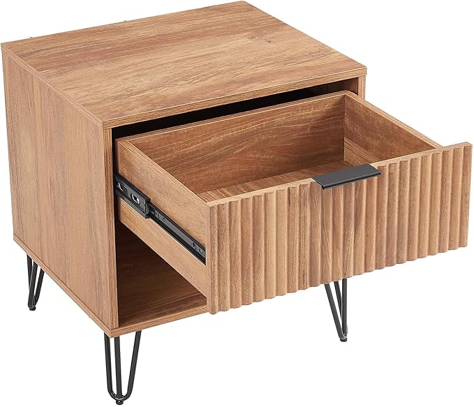Manhattan Comfort Dumbo Modern Nightstand 1.0 with 1 Drawer and Metal Feet | Splayed Gold Legs | Vertical Ribbed Design | No Tool Assembly Storage for Bedroom & Living Room, Set of 2, Golden Brown