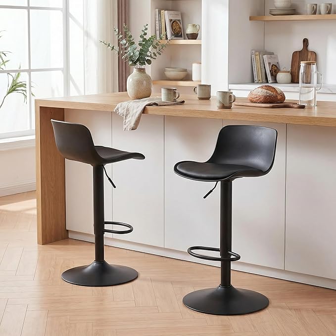 YOUNIKE Bar Stools Set of 2 Modern Black PU Counter Height Barstool, High Padded Adjustable Swivel Barstools with Back for Bar Counter and Kitchen Island