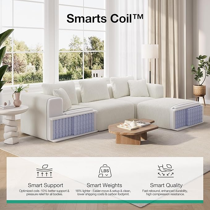 Novilla 141" Modular Sectional Sofa, Modern Cloud Sectional Couch with Smarts Coil® Support, U-Shape Boneless Couch for Living Room Apartments, No Assembly Required, Beige (4 Seat w/ 4 Ottoman)