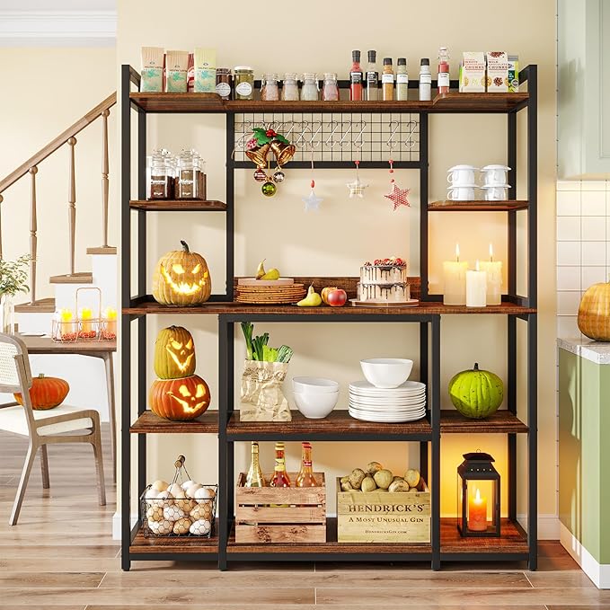 Tribesigns Large Bakers Rack, 55" Wide Kitchen Hutch Cabinet Microwave Stand with 11 Hooks, 5-Tier Baker’s Rack Kitchen Storage Shelf with Hutch, Rustic Brown