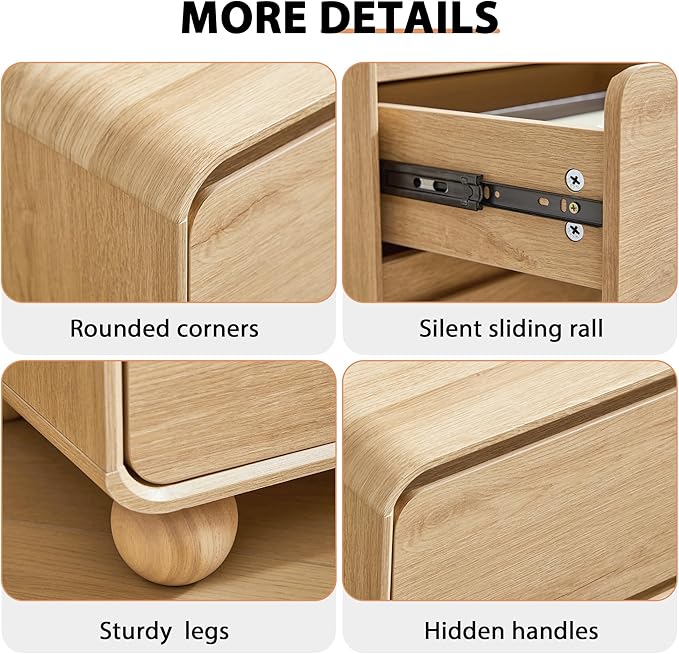 AVZEAR Modern 2 Drawer Dresser, 2 Drawer Nightstand Small Wooden Dresser Chest of Drawers, Handle Free & Curved Profile Design Sofa End Table for Living Room, Nursery, Natural