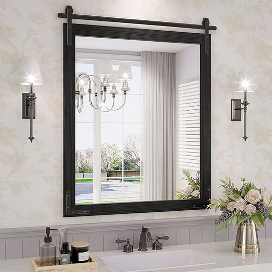Farmhouse Bathroom Mirror, 28x36 Inch Black Vanity Mirror for Wall, Wood Framed Rustic Mirror Rectangular Wall Decor Mirrors for Entryway Living Room Bedroom
