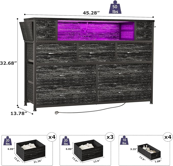 Dresser TV Stand with Power Outlets and LED Lights for 55'' TV, 11 Drawers Dresser with Side Pocket, Fabric Chest of Drawers with PU Finish, Sturdy Frame & Wood Top (Charcoal Black)