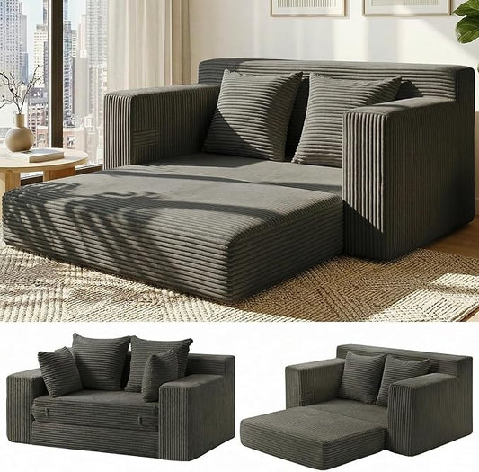 Convertible 5 in 1 Futon Sofa Bed Full Size, Corduroy Boneless Couch Sleeper Sofa with 4 Pillows, Foldable Pull Out Loveseat Floor Mattress for Living Room, Apartment, Small Space & Dorm