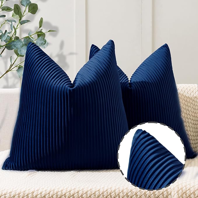 YCOLL Navy Blue Pillow Covers 26x26 Set of 2 Velvet Striped Pattern - Soft Throw Pillows for Home Decor, Luxury Decorative Pillow Covers for Couch, Bed,Living Room
