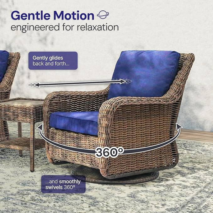 Cambridge Swivel Rocking Patio Chair, Hand-Woven HDPE Wicker Outdoor Rocker with Cushioned Seat and Round Base, All-Weather Porch & Patio Seating, Midnight Navy Blue