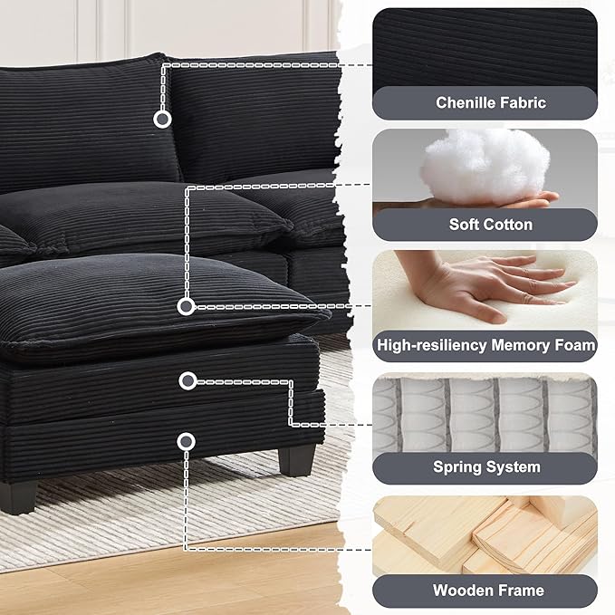 103" Oversized Modular Sectional Sofa Couch with Reversible Ottoman, Free Combination Convertible Corner Couch,Corduroy Upholstered Cloud Sectional Couch with Side Pockets | Multiple Cushions, DIY Combination, Removable Cover