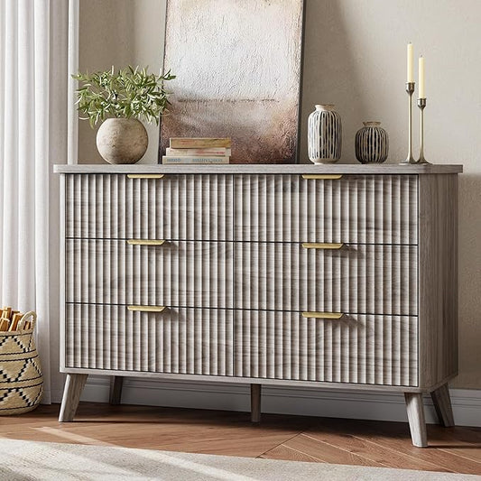 Garvee 6 Drawers Dresser for Bedroom, 47.2" Wide Dressers with Curved Profile Design, Fluted Wood Drawers with Gold Handle, Modern Chest of Dressers with Thickened Design for Living Room, Grey