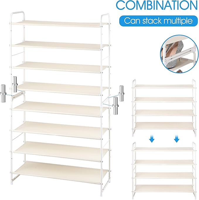 Simple Trending 4 Tier Stackable Shoe Rack, Expandable & Adjustable Fabric Shoe Shelf Storage Organizer, White