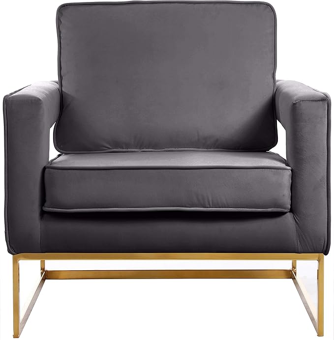 Meridian Furniture Noah Collection Modern | Contemporary Velvet Upholstered Accent Chair with Durable Stainless Steel Base, Grey, Gold Base