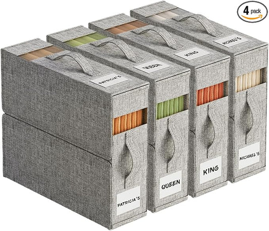 4Pack Sheet Organizers and Storage with Handles – Foldable Linen Closet Storage for King & Queen Sheet Sets – Clear Window & Removable Labels – Dustproof & Space-Saving Design, Grey