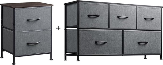 WLIVE 2-Drawer Nightstand and 5-Drawer Dresser Set, Fabric Storage Tower for Bedroom, Hallway, Nursery, Closets, Tall Chest Organizer Unit with Textured Print Fabric Bins, Steel Frame