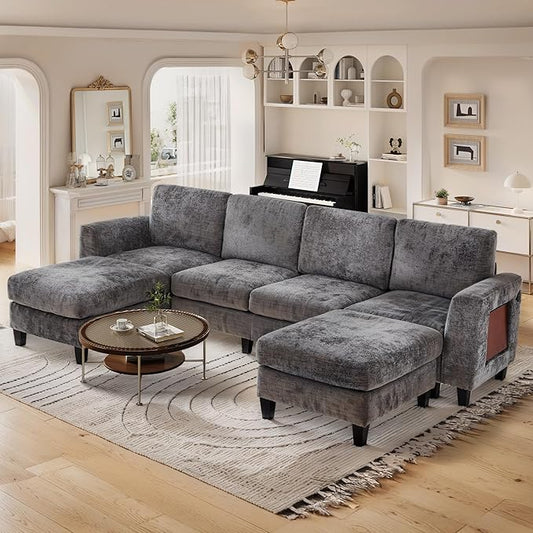 MALOL 118" Sectional U-Shaped Cloud Couch, Modular Modern 4-Seat Sofa, with USB Type C Ports, Foldable Side Table and 2 Ottomans, for Home Living Room, Grey