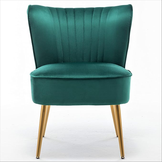 Modern Velvet Accent Chair for Living Room, Bedroom, or Entryway, Stylish and Comfortable Armless Design with Metal Legs, Green