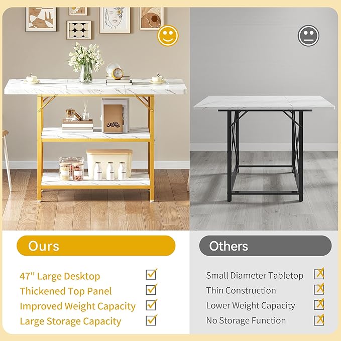 DWVO Dining Room Table 47 Inch Rectangle Dining Table for 4 People Modern Kitchen Table White Marble Dinner Table with Storage Shelf and Glod Metal Legs for Home Apartment White and Gold