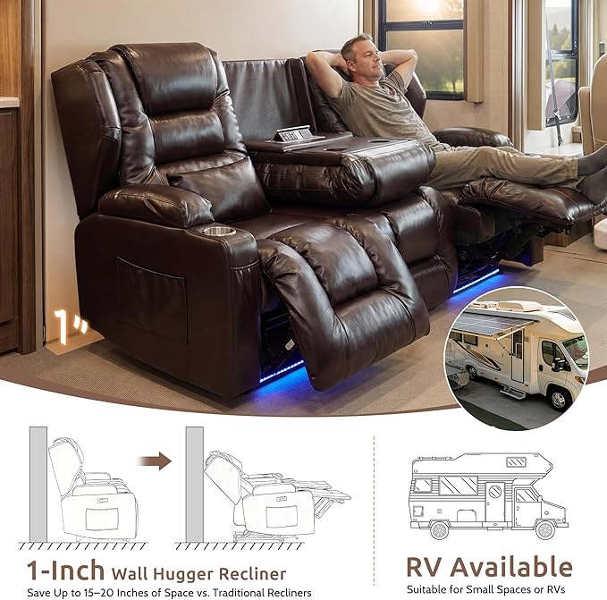 SAMERY Power Loveseat Recliner Sofa, Wall Hugger Reclining Loveseat Sofa, Movie Home Theater Seating with Flip-Backrest, Solid Wood Top, Ambient LED Lights, USB-C, Outlets, Faux Leather, Brown | Extra Wide Seat, Plush Padding, Dual Power Recline, Flip-...