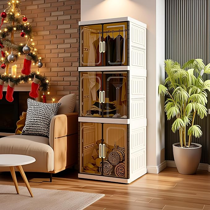 YHB Easy Assembly Wardrobe Portable Closet Storage Cabinet, Pet Collapsible Clothes Organizers,White, Collapsible Wardrobe with Visualization Doors, Rolling Wheels