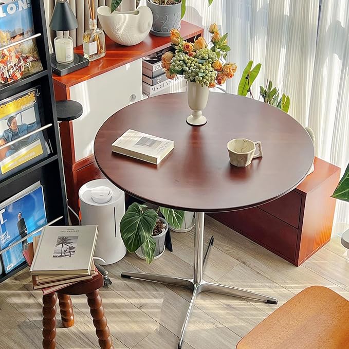 Dark Brown Round Solid Wood Dining Table Dining Furniture with Metal Crossed Base, 31.5" W Mid Century Modern Small Table Round for Office Small Coffee Table for 4-6