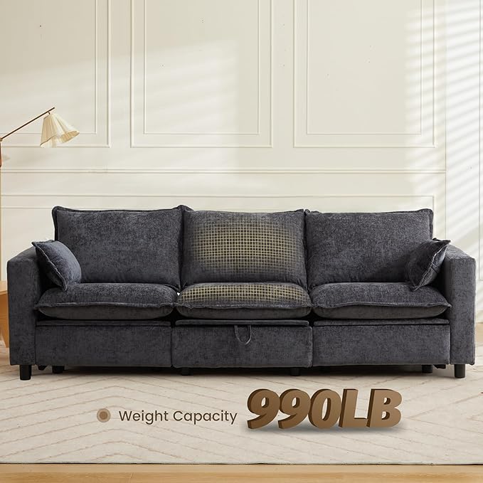 GUEAPY Power Reclining Sofa Cloud Couches for Living Room-Cloud Couch Sectional with Drawer,3 Seater Reclining Couches, Chenille Deep Reclining Sofa with Pillows, USB&Type-C Ports for Livingroom | Cloud Couch, Drawer, Deep Seat