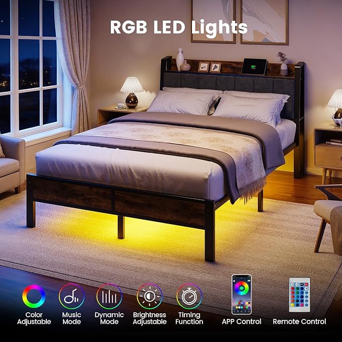 Full Size Bed Frame with Smart LED Light, Wood Storage Charging Station Headboard, Metal Platform Bed, No Box Spring Required, Easy Assembly, Noise Free