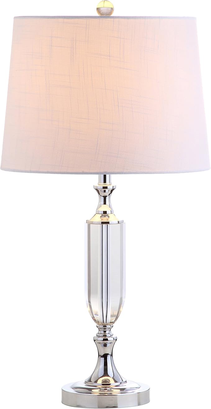 JONATHAN Y 27" Clear Fluted Crystal LED Table Lamp, Glam Traditional Chrome Bedside Lamp for Living Room Bedroom, White Linen Empire Shade, LED Bulb Included JYL2046A