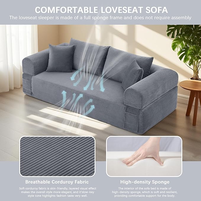 83" Modern Sofa in a Box, No Assembly Oversized 3 Seater 28" Deep Seat Cloud Sofa Bed Couch with 4 Furry Pillows & Corduroy Fabric, Boneless Couch with Side Storage Pockets for Living Room, Dark Grey