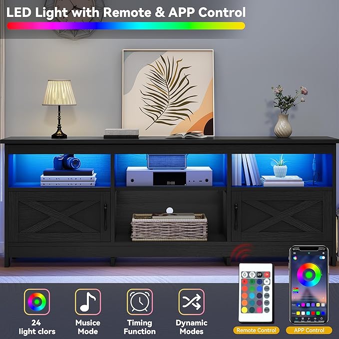 DWVO Farmhouse TV Stand with Power Outlets & LED Lights, Entertainment Center for TVs up to 80", TV Console with Storage Cabinets & Open Shelves for Living Room (Black)