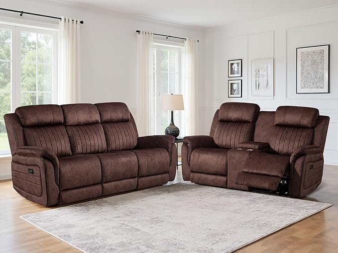 Zero Gravity Power Reclining Sofa Set, 3-Seater Reclining Couch with Drop Down Table + 2-Seater Power Loveseat Recliner with Console, Adjustable Headrests, Living Room Furniture (Velvet, Brown)