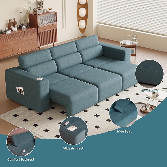 122” Electric Pull Out Sleeper Sofa Bed, 3-Seat Recliner Sofa Modular Couch with Bluetooth Stereo, Wireless Charging, Side Pocket, Power Recliner Couch for Living Room, Home Theater, Apartment(Grey)